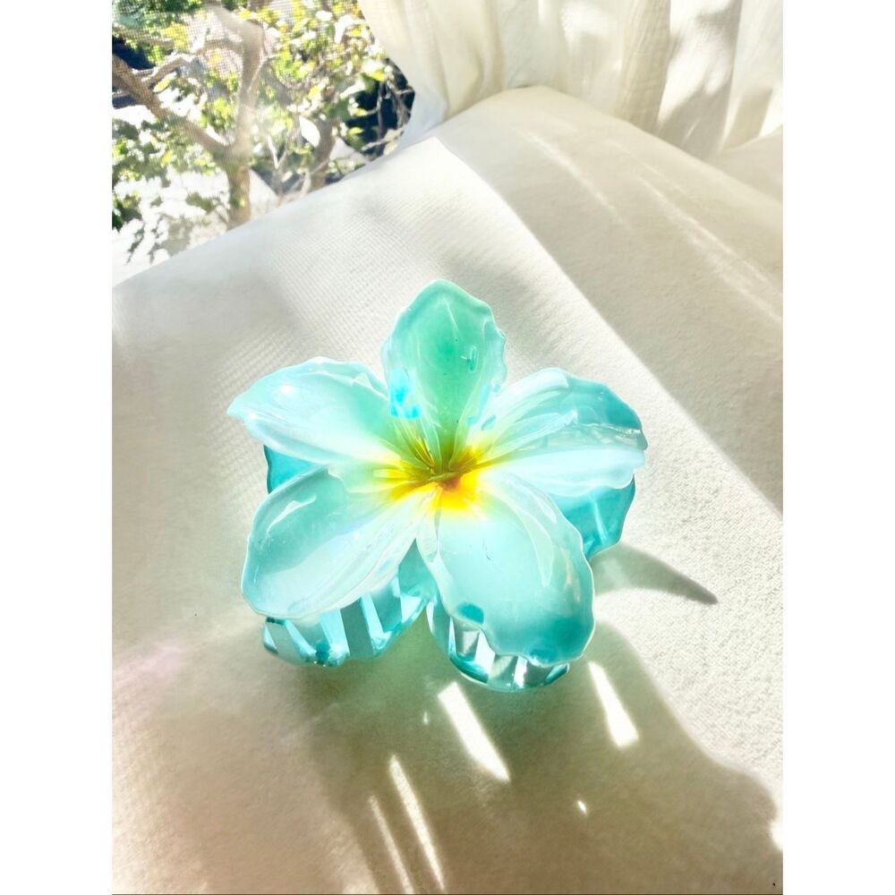 Iridescent Aqua Plumeria Flower Hair Claw Clip Y2K Coastal Mermaidcore - Picture 2 of 3